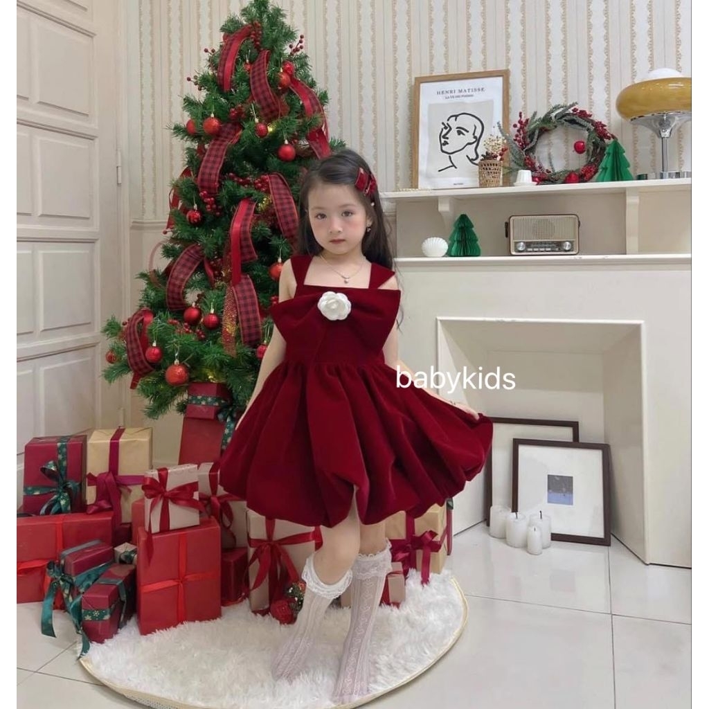 พร้อมส่งชุดเดรสคริสตมาสเด็กผู้หญิงผ้ากำมะหยี่โบว์ใหญ่