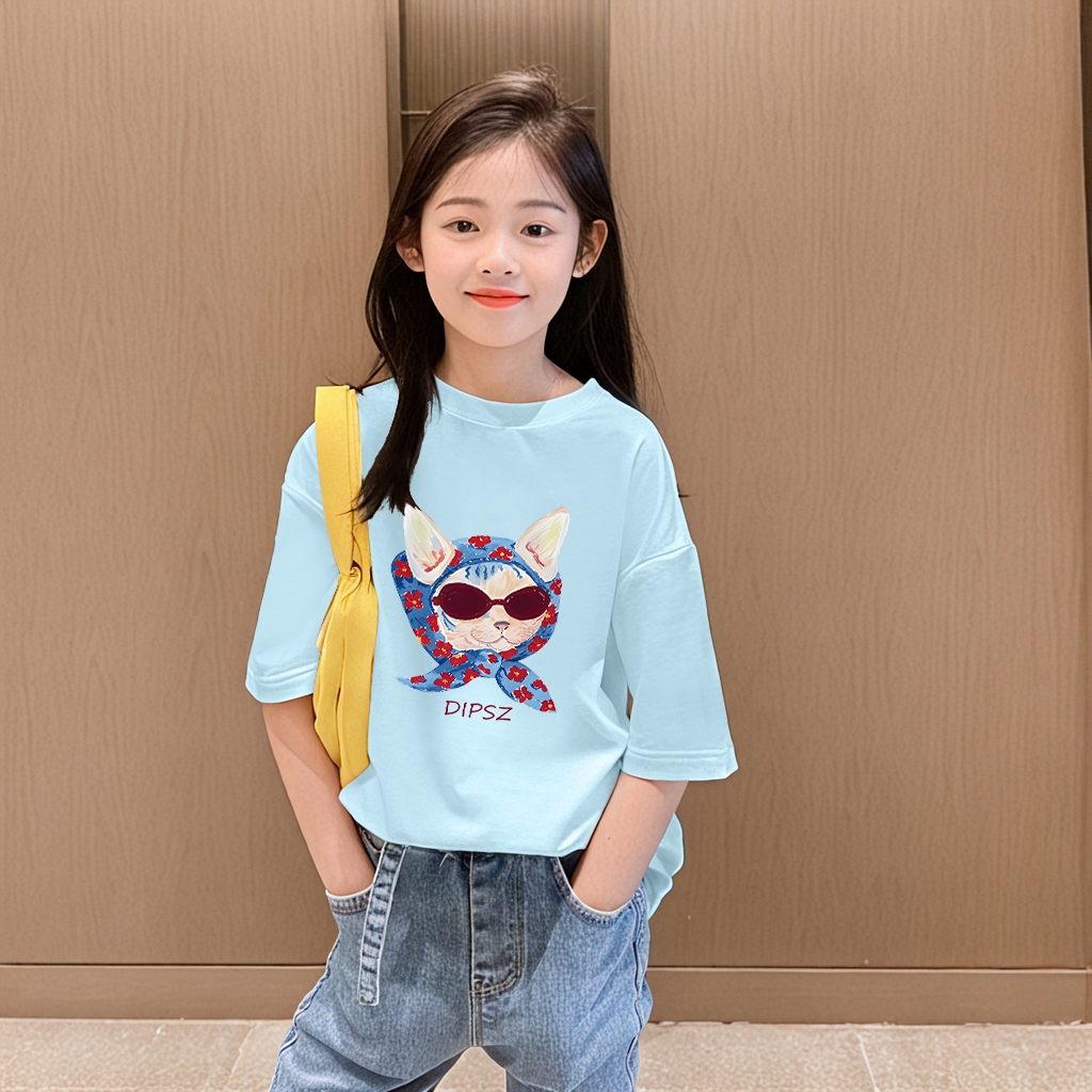 TinyJoy เสื้อยืด cotton girl เสื้อเด็ก t shirt สไตล์เกาหลี คอกลม โคตรนุ่ม oversize เด็กผู้หญิง 'DIPSZ CAT' 2025