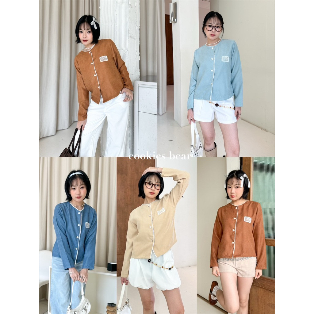 M26 - Cookies Bear 🐋 เสื้อคาร์ดิแกนตัวยาวคอกลม ทรงเบสิค ผ้ากำมะหยี่เนื้อนิ่ม