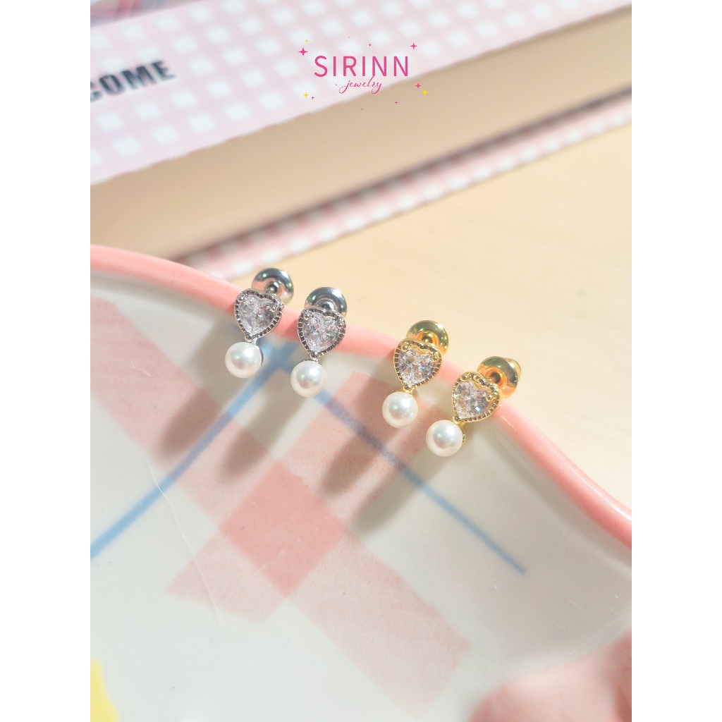 Pearl Heart ต่างหูเพชรหยดน้ำประดับไข่มุก หวานละมุน ก้านเงิน nickel free | SIRINN
