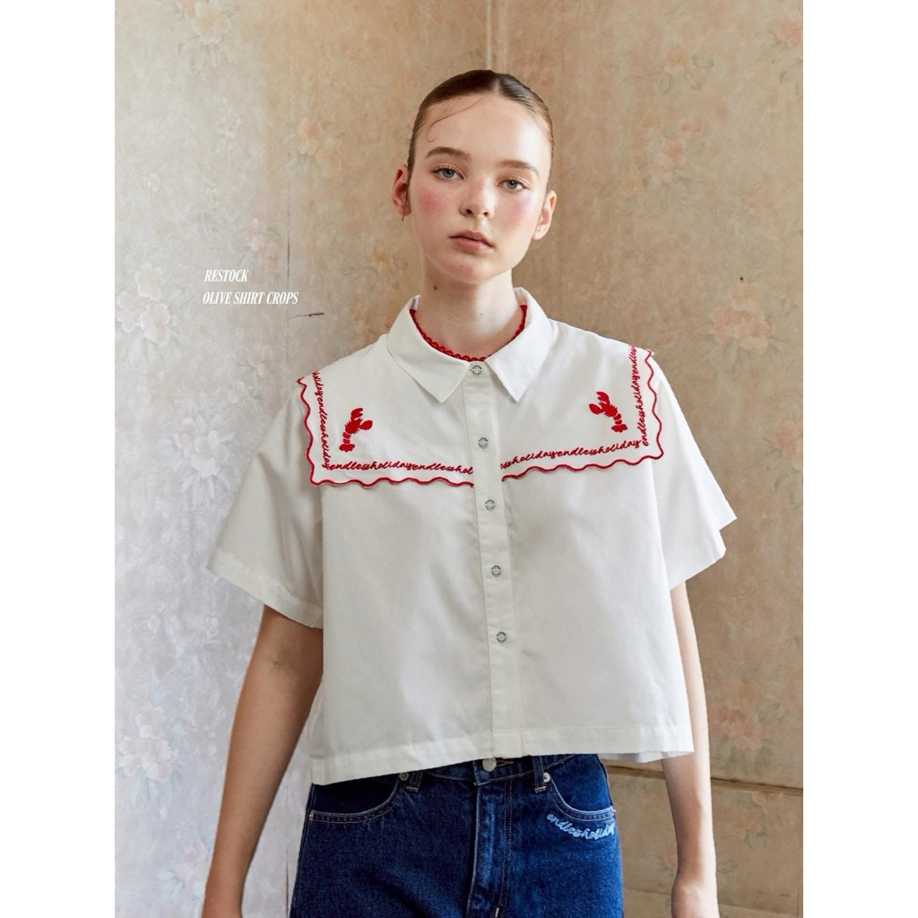 (New) พร้อมส่ง Endless Holiday Olive Shirt Crops Feather White & Embroidery Tomato Lobster / used li