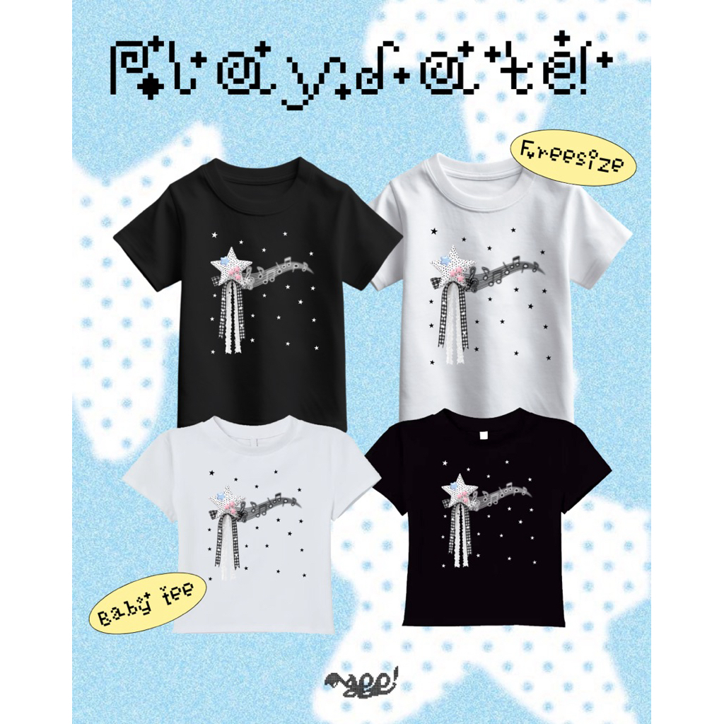 เสื้อยืด Freesize / Baby Tee Mappi Playdate Cotton 100% 210gsm ลายดาวโบว์โน้ตดนตรี สีขาว-ดำ