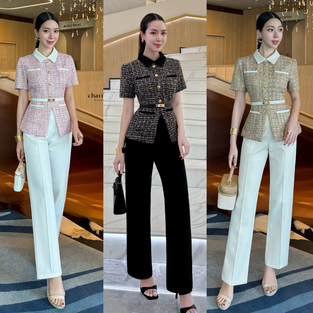 21000 เซ็ทเสื้อทวิตแขนสั้น+กางเกงพร้อมเข็มขัด ชมพู/น้ำตาล