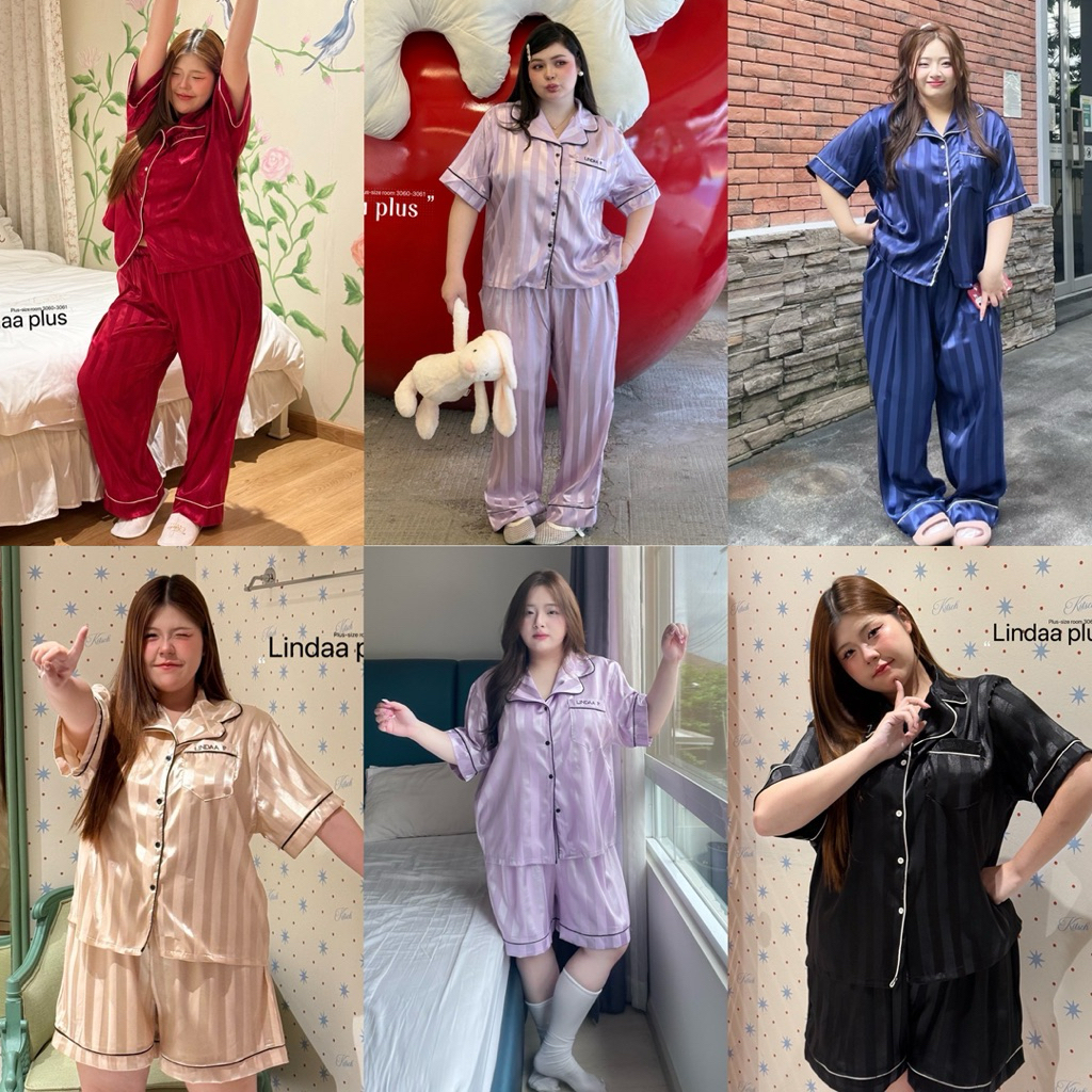 /LD/ เซ็ตชุดนอนสาวอวบ ฟรีไซส์หน้าผ้าอก56 มี2แบบ เสื้อคู่กางเกงขาสั้นและขายาว ผ้าซาตินริ้วเนื้อดี นิ่มพริ้ว ใส่นอนสบาย