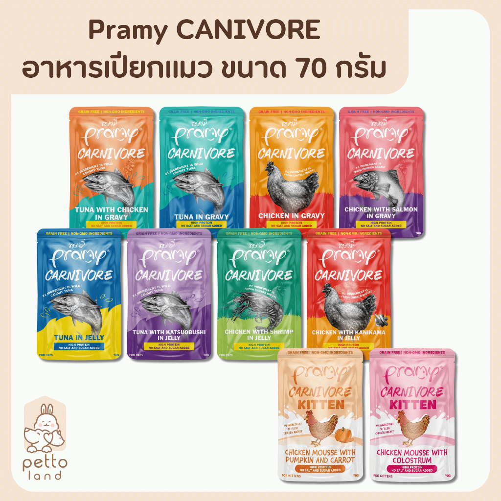Pramy Carnivore พรามี่ คาร์นิวอร์ อาหารแมวเปียก โปรตีนสูง 70g (ปลีก/ซอง)