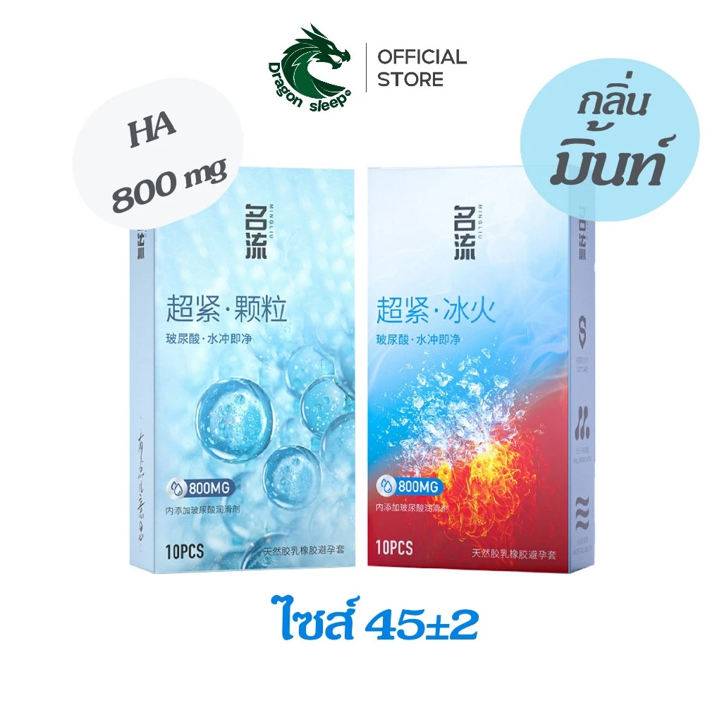 Minglui Extra Small 45±2 มม. ถุงยางอนามัย ชนิดเรียบ บาง ปุ่ม กลิ่นมิ้นท์ เพิ่มไฮยาลูรอน 800 mg บำรุง