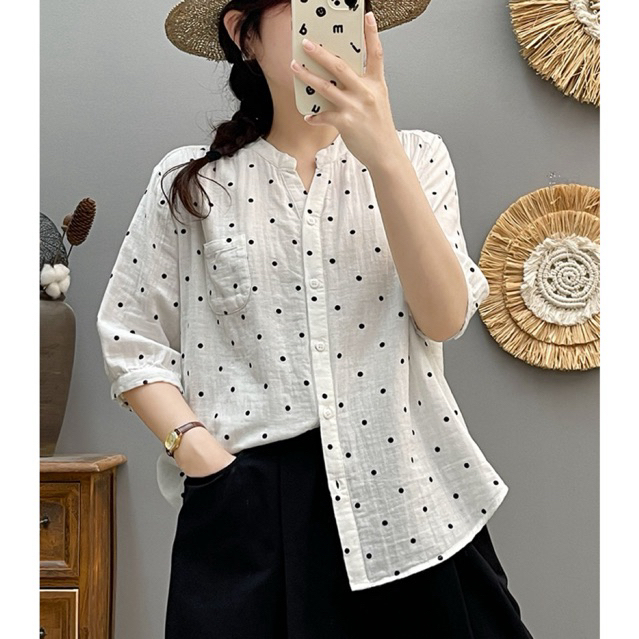[6ลาย] เสื้อคอวี แขนสั้น พิมพ์ลาย 43-46” ลายจุด ลายดอกหญ้า เสื้อเชิ้ตสีขาว ผ้าสาลู 2 ชั้น สไตล์มินิมอล HerbieStyle