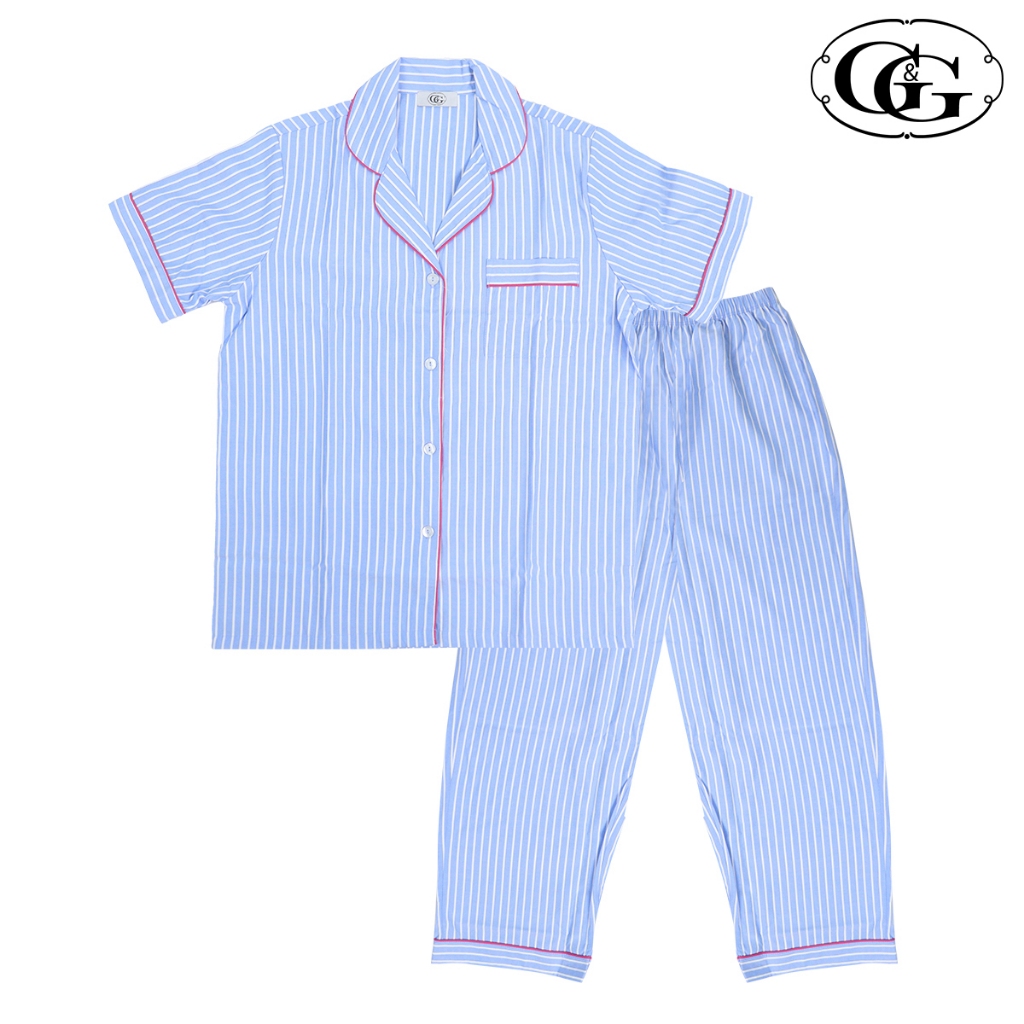 G&G ชุดนอน เสื้อแขนสั้นคอปก กางเกงขายาว ผ้าโพลีเอสเตอร์ EN4P012 สีฟ้า (BU)
