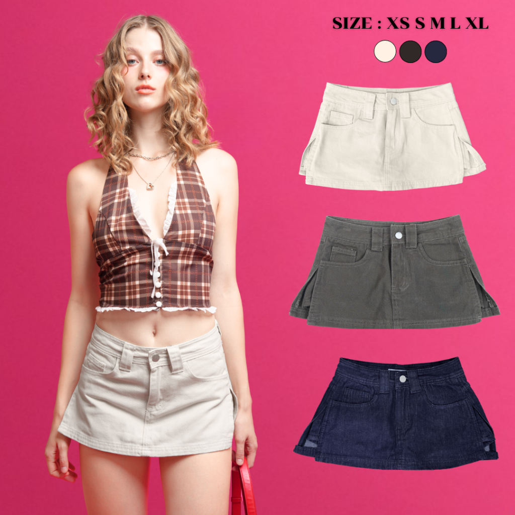 [เพิ่มสีใหม่!!] loveruby.store - Rumi Skort กระโปรงยีนส์สั้น mini skirt ทรงเอวต่ำผ่าข้าง กระโปรงกางเกงมีซับใน