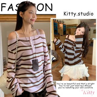 Kitty พร้อมส่ง🌸เสื้อยืดแขนยาวเปิดไหล่ลายทาง ดีไซน์เก๋ๆ ทรงหล…