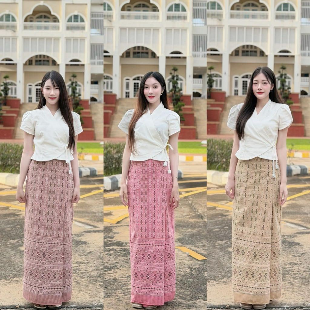 TANTANOD -รหัสTL9 ชุดเซต เสื้อไขว้ แขนตุ๊กตา ผูกข้าง กระโปรงผ้าถุง(ลายผ้าไทย)