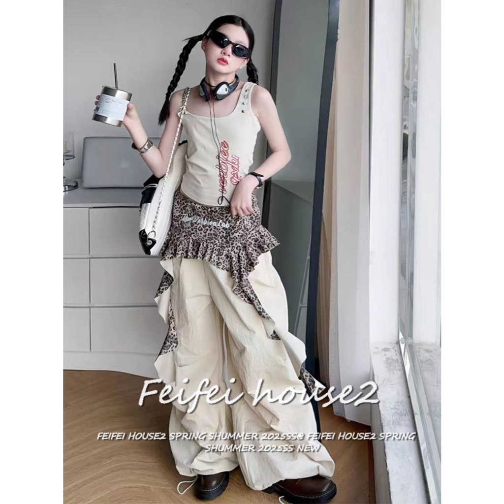 [Summer leopard Splicing wide-leg pants]กางเกงขากว้างเต้นรำแจ๊สปักลายตัวอักษรสไตล์อเมริกันย้อนยุคสำหรับผู้หญิง
