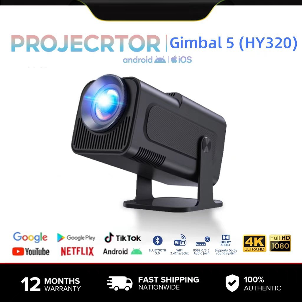 โปรเจคเตอร์ Gimbal 5（HY320）  4K Native 1080P Android 11.0 WiFi 6 บลูทูธ 5 Auto Keystoneหน้าจอ