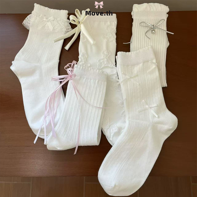 ในไทย-พร้อมส่ง✨ถุงเท้าสไตล์บัลเล่ต์สำหรับสาวหวาน สีขาวมีโบว์และตาข่าย ระบายอากาศได้ดี-Move