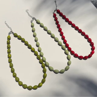 สร้อยคอลูกปัด olive ทรงหยดน้ำ สีเขียวมะกอก🫒🫒 (พร้อมส่ง) TongTa.store