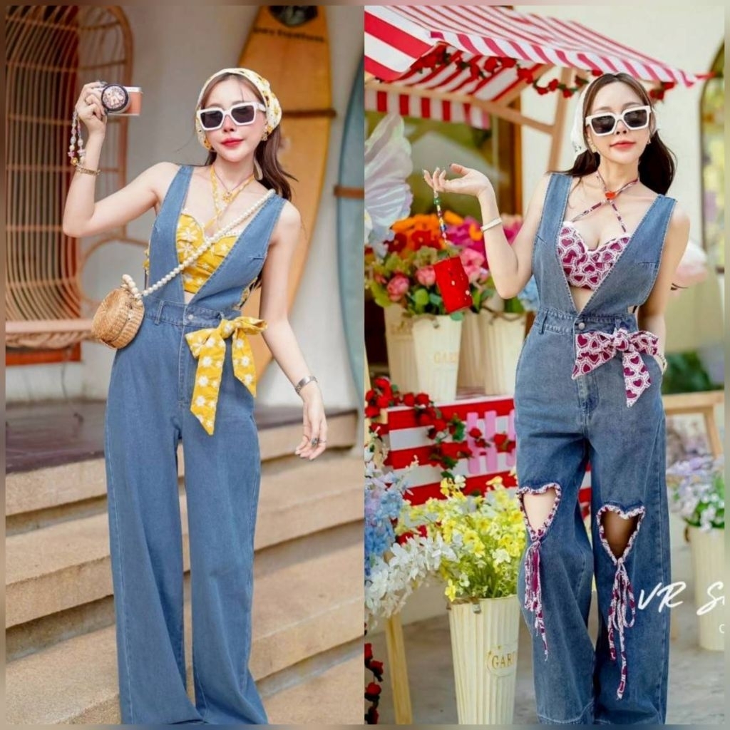VR Signature Set เอี๊ยมยีนส์ขายาว มาพร้อมเสื้อครอปผูกคอ แต่งขอบลูกไม้
