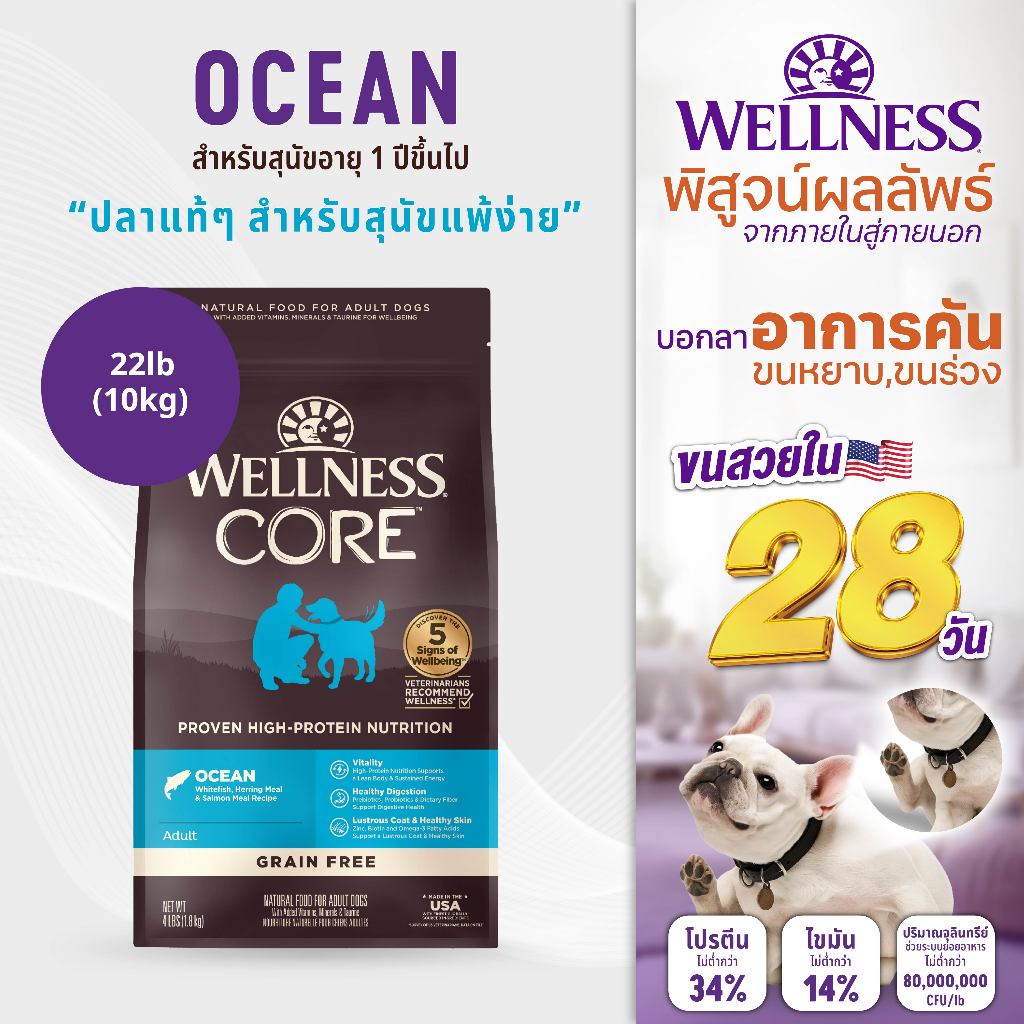 [เก็บโค้ด ลดเพิ่ม 300.-ส่งฟรี]อาหารสุนัขพรีเมียม WELLNESS CORE สูตร Ocean 22lb(10kg) || 88437 ||Best By 21/08/2026||