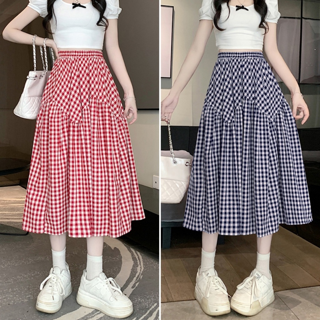 Hotgirl พร้อมส่ง กระโปรงลายสก็อตเอวสูงแฟชั่นสำหรับผู้หญิง สไตล์เอไลน์ น่ารักและอเนกประสงค์หลวม