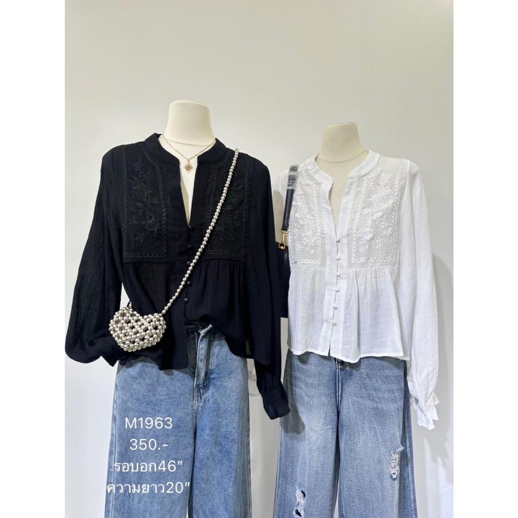 M1963 เสื้อผ้าฝ้ายเนื้อดี ปักลายดอกเรียบหรู ทรงหลวมใส่ง่าย