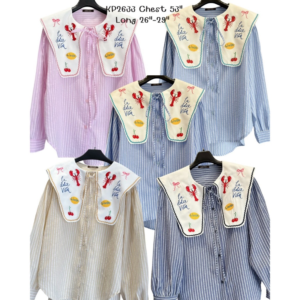 เสื้อแขนยาวทรงสวยผ้าริ้วลายทาง ตัวนี้แต่งกุ้นดีเทลปักลายกุ้งเชอรี่มาใหม่สุดว้าวว