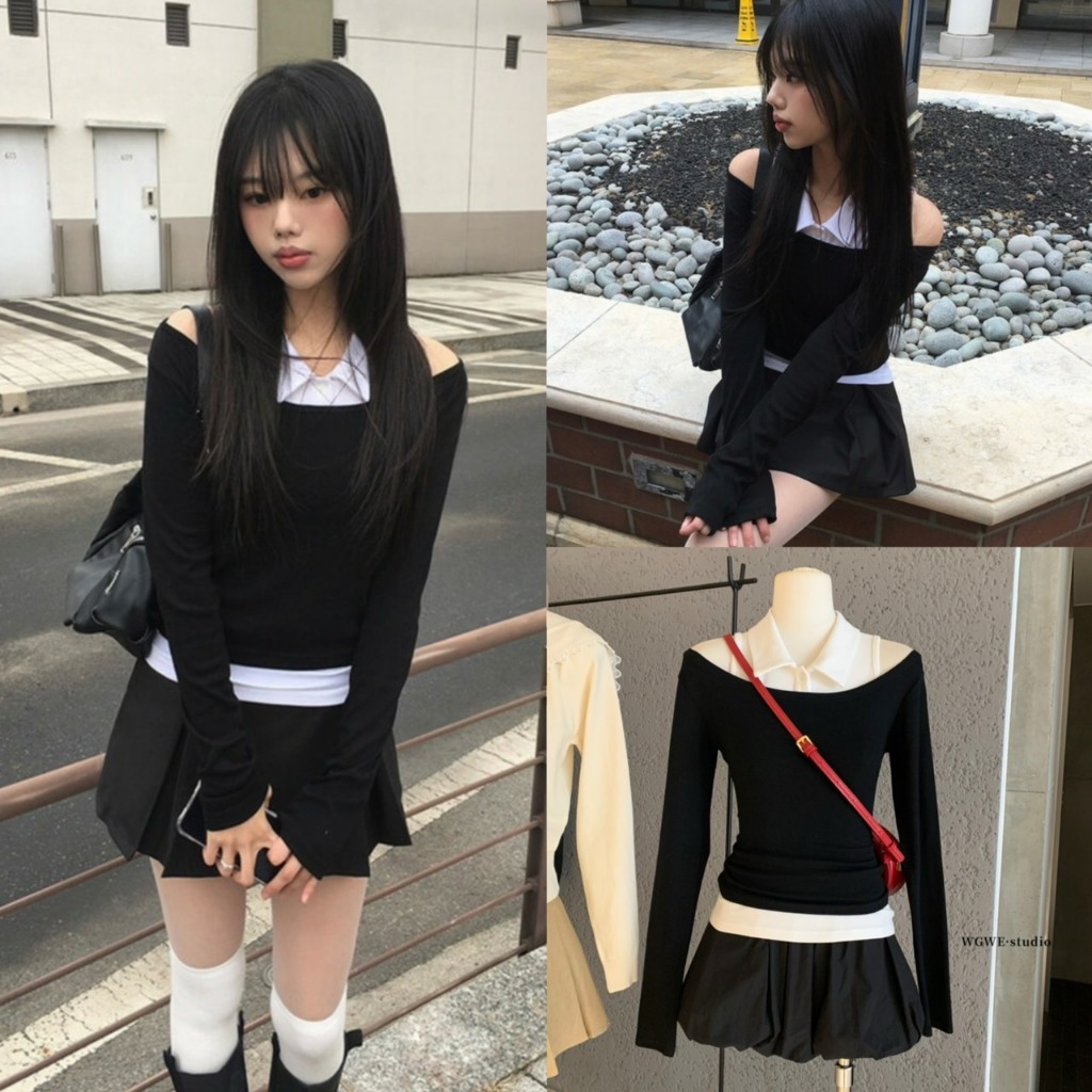 Set2pcs เสื้อแขนยาวคอกว้าง+เสื้อแขนกุดคอปกรุ่น 7458 TAG WG.WE 🇰🇷