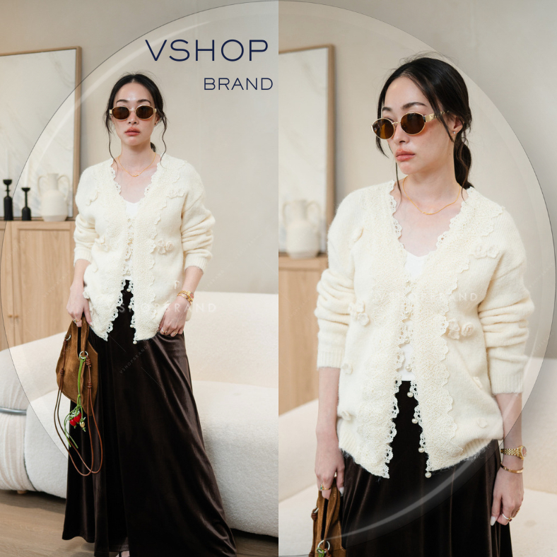 พร้อมส่ง เสื้อกันหนาวไหมพรมแขนยาวกุ้นลูกไม้หน้ากระดุมมุก งานป้ายvshopbrand