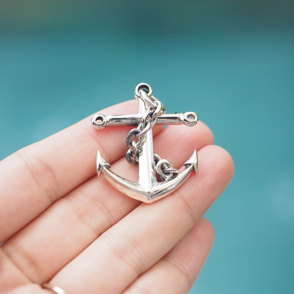 จี้สมอเรือ จี้เงินแท้ 92.5% จี้สร้อยคอ สมอเรือคล้องโซ่ Anchor Pendant ฟรีผ้าเช็ดเงิน / GDS37