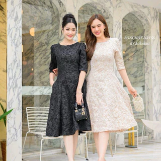 DL07 (**ผ้าลัคชูลายชบา**)เดรสออกงานแขน3ส่วน ชุดทำงาน ชุดไปคาเฟ่สวยสุภาพเรียบหรู (ลงตรงไซส์)