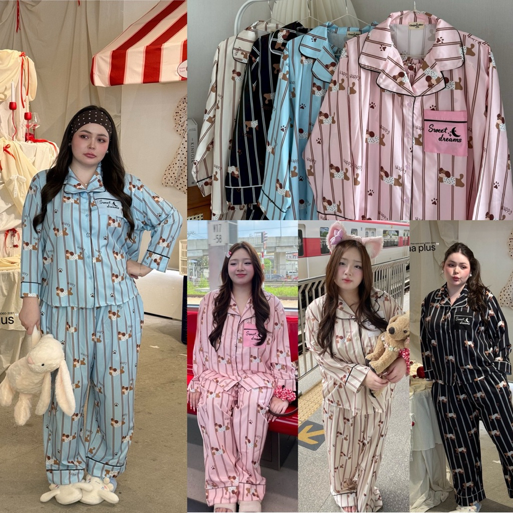 /LD/ เซ็ตชุดนอนลายริ้วน้องหมา ฟรีไซส์อกหน้าผ้า56 เสื้อกระเป๋าเสื้อปัก+กางเกงขายาว ผ้านิ่มใส่สบาย #พลัสไซส์