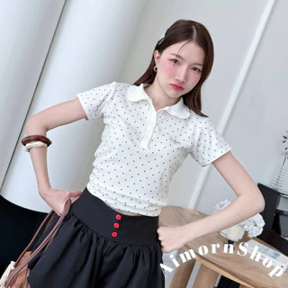 🔥aimorn_shop🔥เสื้อครอปคอปก ลายจุด งานสวยมาก ติดอะไหล่หน้าอก ผ้าใส่สบายสุดๆ แมทช์ง่าย