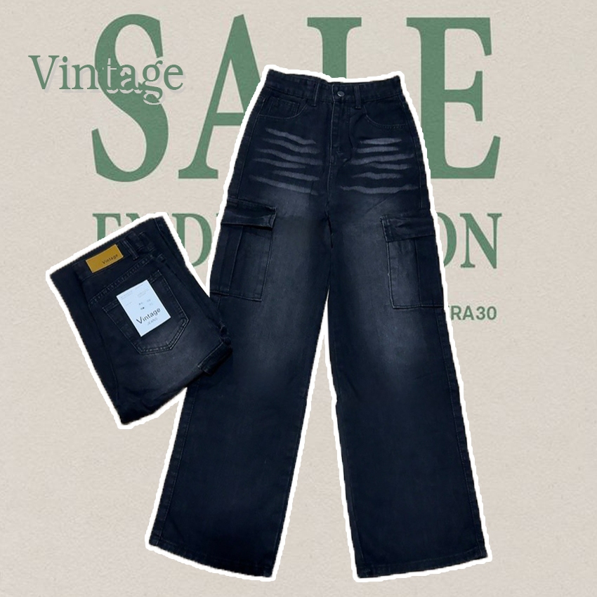 Vintage รุ่น Q6667 กางเกงยีนส์ คาร์โก้ ทรงกระบอก แต่งเฟดขา ทรงสวยผ้าไม่ยืด กระเป๋าตรง 2 ใบ