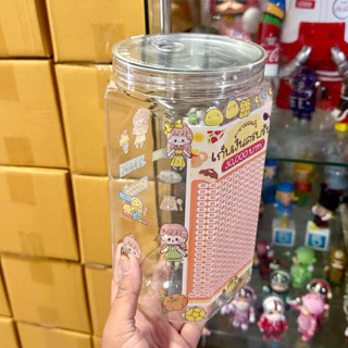 กระปุกออมสินใสฝาดึง (เหลี่ยม Big Size) พร้อมตาราง สติกเกอร์ ปากกา กันชื้น