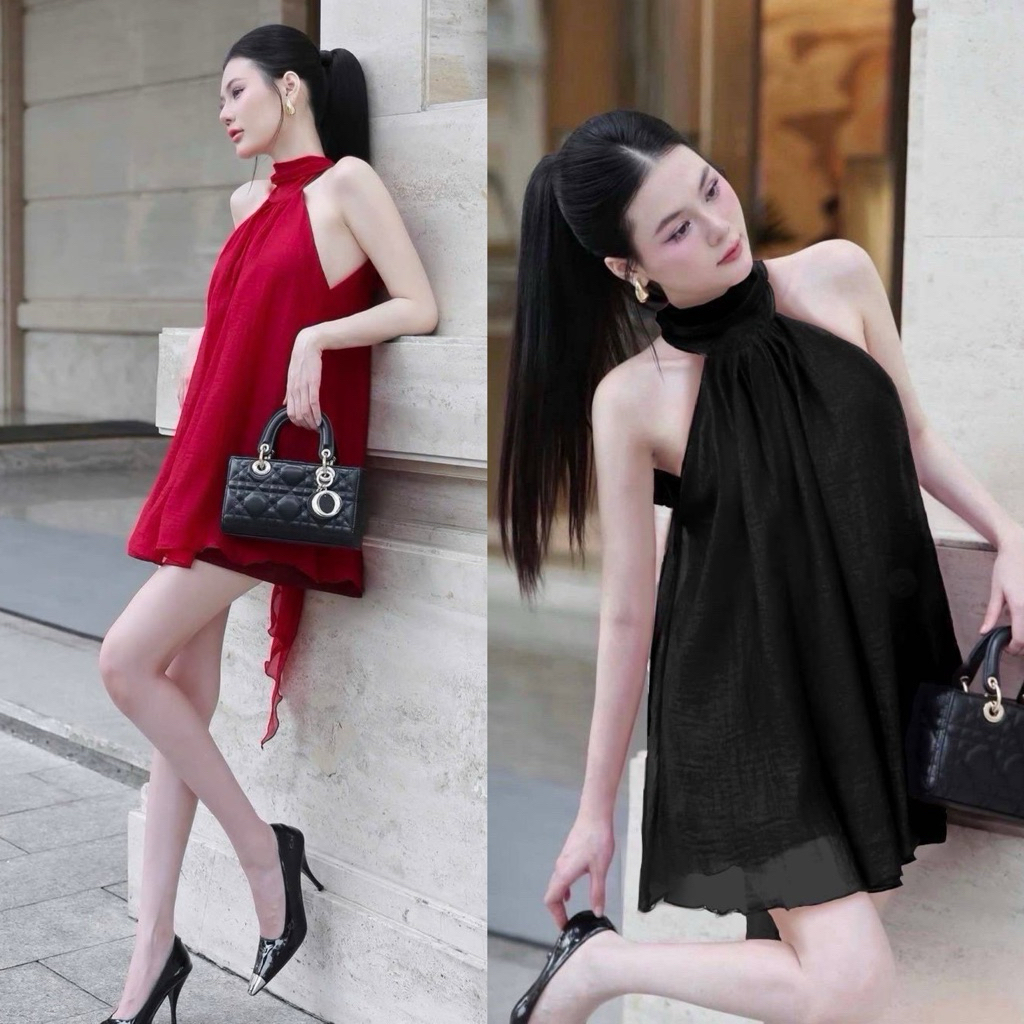 Teera❤️พร้อมส่ง✨สวยผู้ดีมาก เดรสสั้นชีฟองทรงฟรีไซต์ใส่สบายมาก สายโบว์ผูกคอด้านหลังงานมีซับในทั้งตัว เดรสคอเต่า ออกงาน