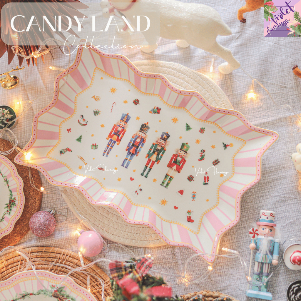 Violet Flamingo Candyland Christmas Collection จานเซรามิคคริสต์มาส 5 แบบ จานแบน จานก้นลึก จานเปล ของขวั