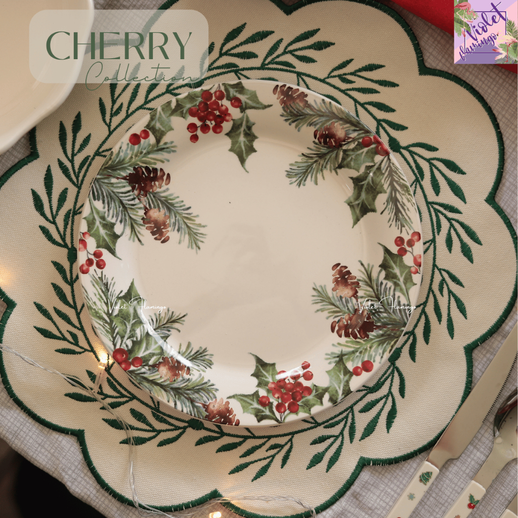 Violet Flamingo จานชามเซรามิค รุ่น Cherry Collection จานลายต้นสนและเชอร์รี่สุดน่ารัก เข้าไมโครเวฟได้ จานคริสมาสต์