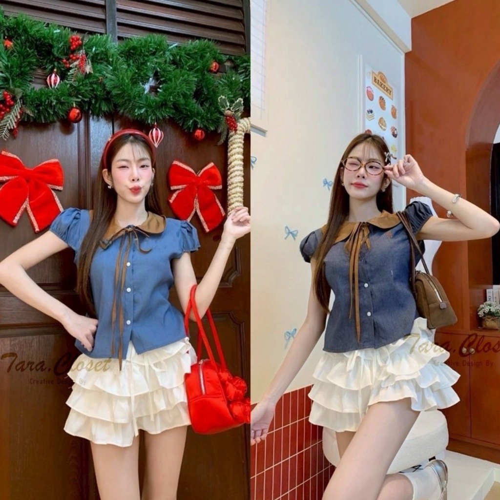 BA092 TARA Shirt เสื้อเชิ้ต กระดุมหน้า แต่งคอปกแบบเรียบ มีสายผูกโบว์ที่คอ แขนตุ๊กตา  เนื้อผ้ายีนส์
