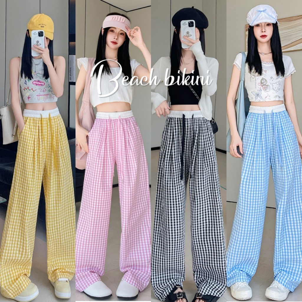 💗ส่งไวจากไทย🌸กางเกงขาบาว กางเกงลายสก๊อต มีเชือกรูดปรับได้ที่เอว กางเกงลำลองมีหลายสีและสวมใส่สบาย
