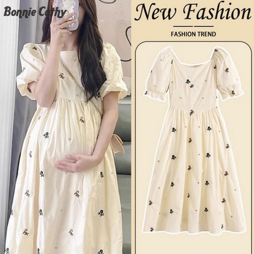 subscrub ชุดเดรสฤดูร้อนคลุมท้องกระโปรงลายดอกไม้กระโปรงหญิงตั้งครรภ์ขนาดเล็ก