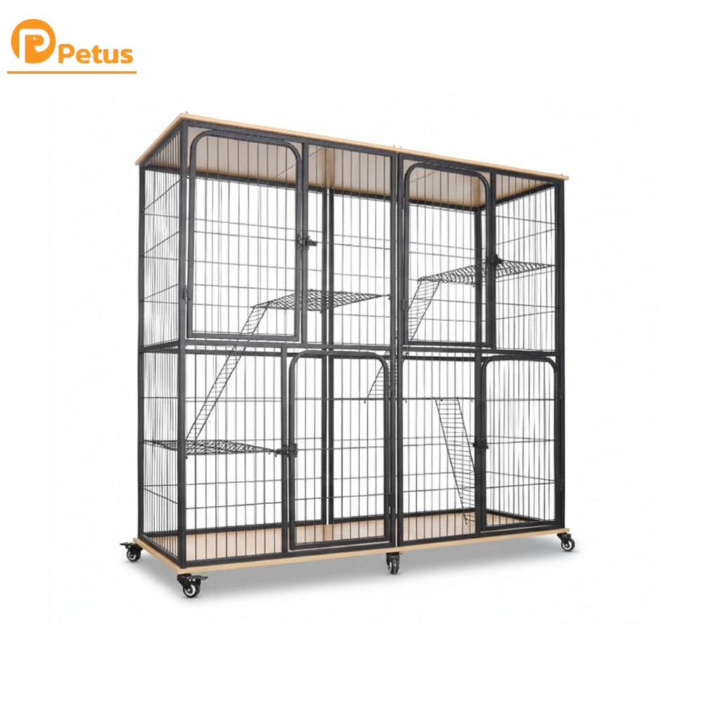 กรงแมว กรงแมววิลล่าใหญ่ Cat Villa กรงแมวมีพื้น หลังคาไม้ มี 2 สี แข็งแรง ประกอบง่าย Petus pet