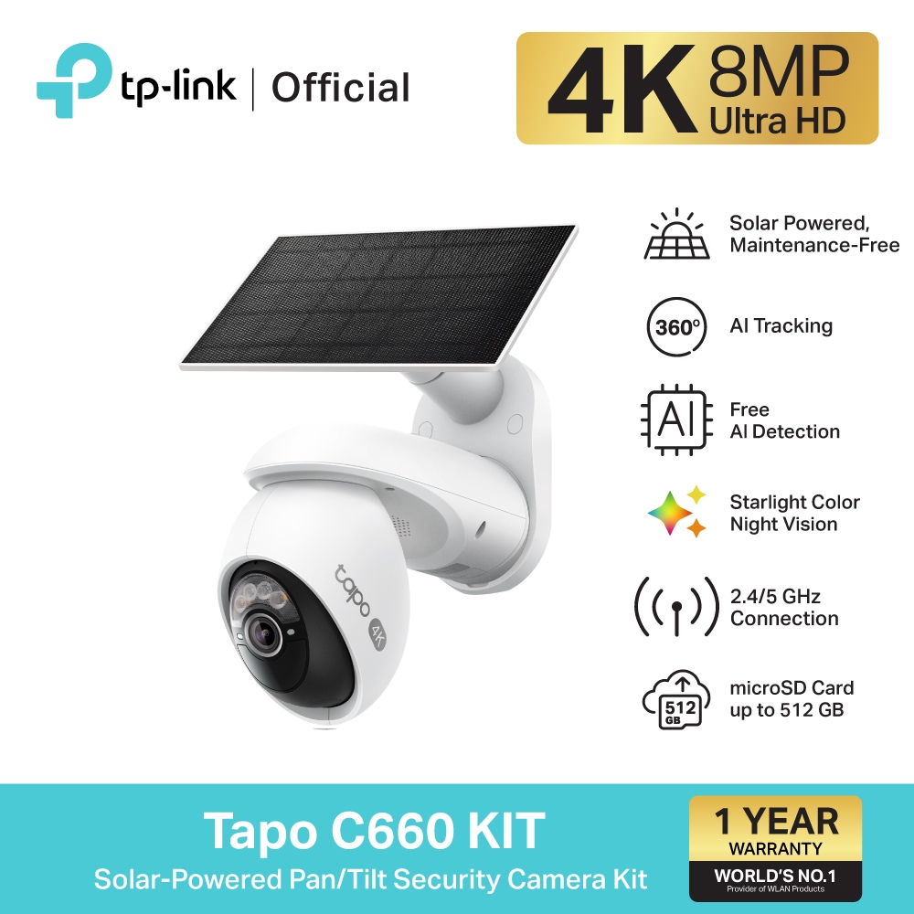 TP-Link Tapo C660 KIT กล้องวงจรปิด 4K 8MP พร้อมแผงโซลาเซลล์ Solar-Powered Pan/Tilt Security Camera K