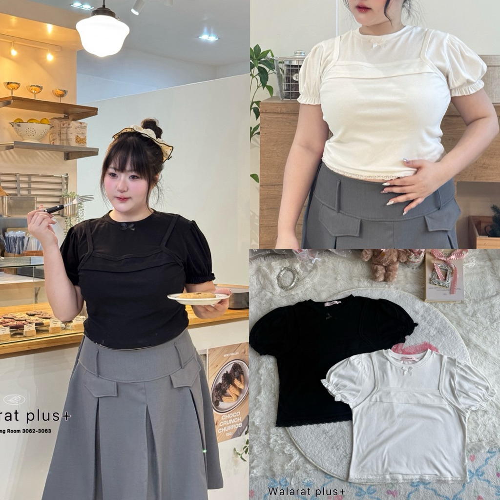 (WR) เซตเสื้อ2ตัว ด้านในแขนตุ๊กตา ด้านนอกสายเดี่ยว ดีไซน์น่ารักมาก ติดโบว์เล็กๆกุ้กกิ้ก เสื้อผ้าสาวอวบอ้วน ไซส์ใหญ่