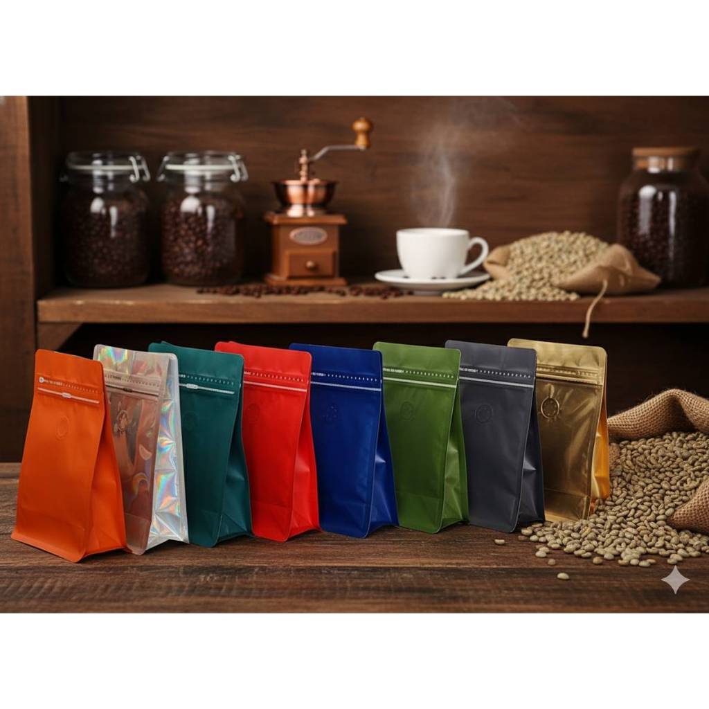 (แบ่งขายถุงกาแฟ รหัส BC) แพ็คละ 10 ใบ 250g 500g 1kg. ทรงขยายข้าง มีซิป มีวาล์ว