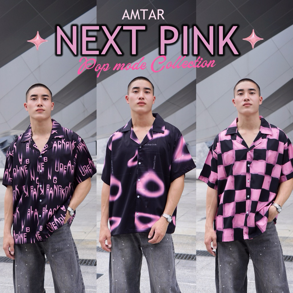 BLACK PINK SHIRT เสื้อเชิ้ตแขนสั้นโทนดำ-ชมพู ลายใหม่ 2025 คูล เท่ห์ สตรีส M L XL XXL