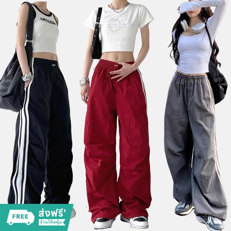 VISUKING พร้อมส่งจากกทม กางเกงขายาวสีดำ Cargo pant กางเกงคาร์โก้เอวยางยืดอเนกประสงค์สไตล์อเมริกัน