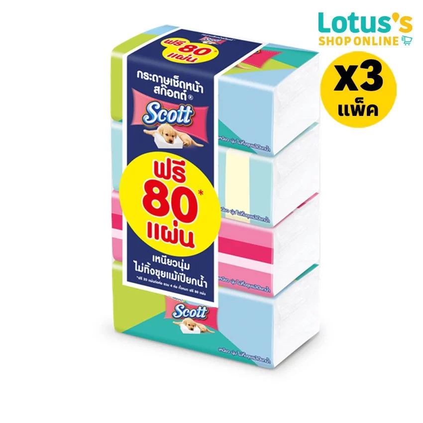 [ทั้งหมด 3 แพ็ค] สก๊อตต์ ซอฟท์บ็อก กระดาษเช็ดหน้า บรรจุ 160+20 แผ่น (แพ็ค 4 ห่อ) SCOTT FACIAL TISSUE SOFT BOX 160+20 S.