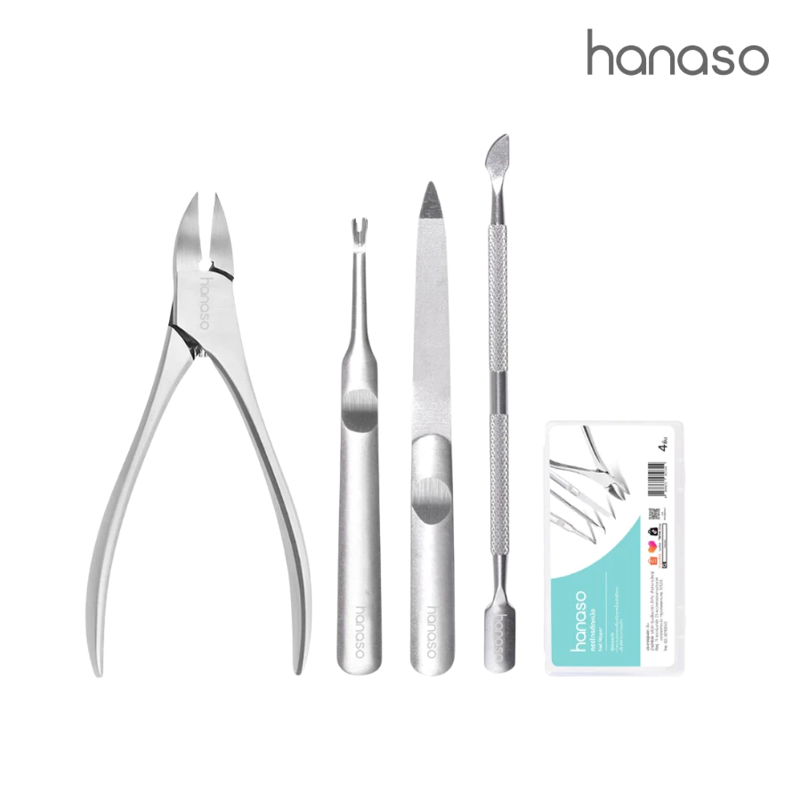 Hanaso กรรไกรตัดเล็บ พร้อมเซ็ตอุปกรณ์ดูแลเล็บ 4 ชิ้น สเตนเลส ตัดหนังกำพร้า และตะไบ ขากรรไกรกว้าง