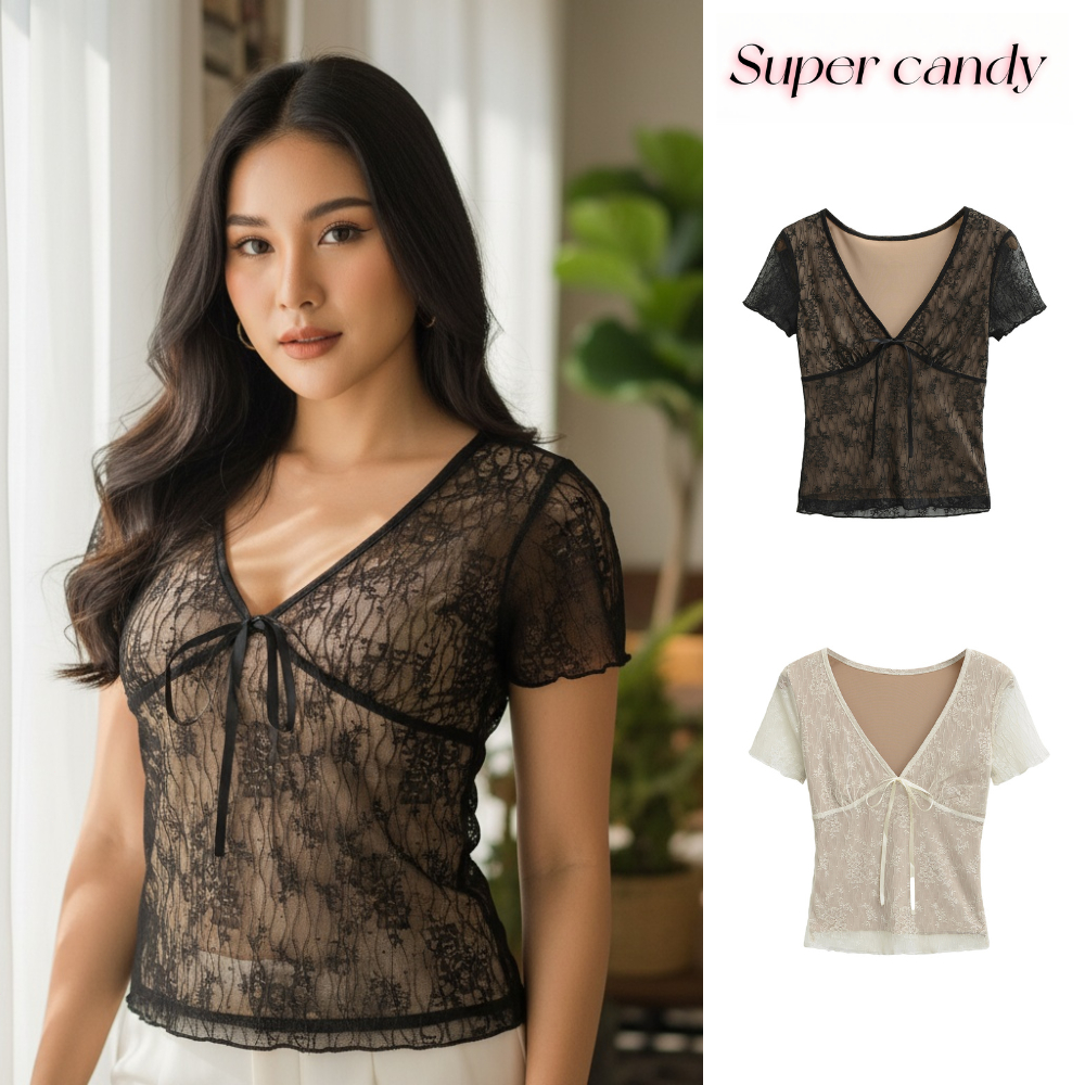 SuperCandy🌷เสื้อเบลาส์ ลูกไม้ คอวี สำหรับผู้หญิง แขนยาว+แขนสั้น ลูกไม้สีขาวโปร่งแสง