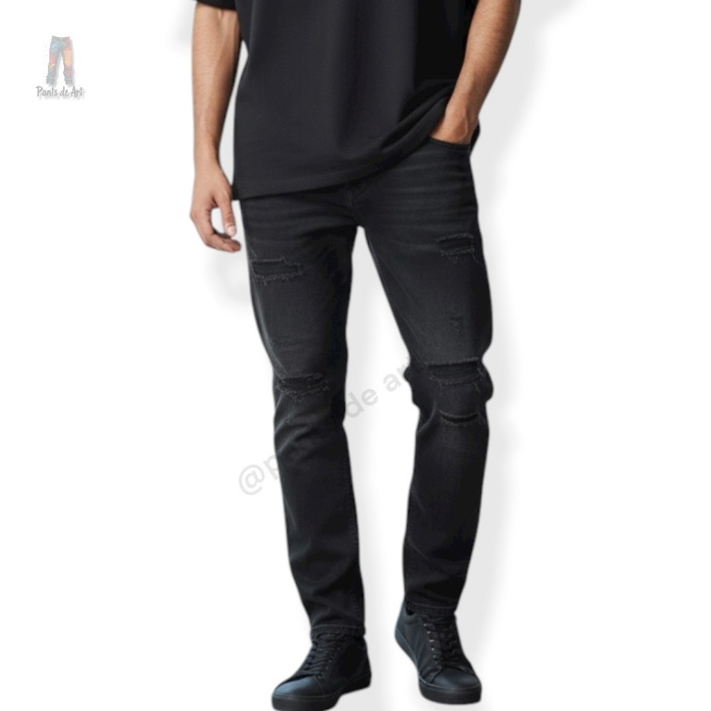 PANTS DE ART - กางเกงยีนส์ชาย ทรงกระบอกเล็กกึ่งเดฟ มีไซส์ 28-36 เป้าเป็นซิป ยีนส์ฟอกแต่งปะขาด สินค้าพร้อมส่ง💞