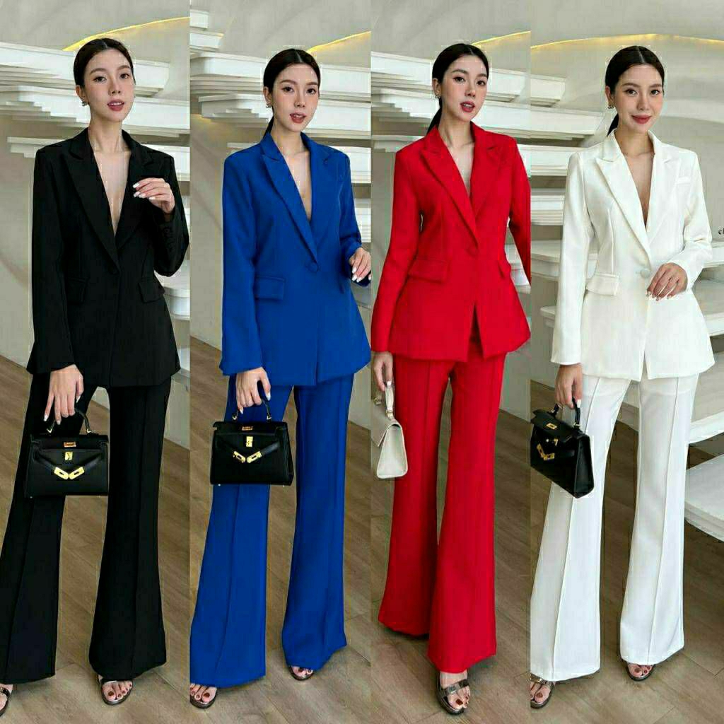 (S-XL)  CHARISSA   พร้อมส่งเซ็ทสูทเสื้อ+กางเกงขายาวบานปลายใส่ออกมาดูผอมสมาร์ทผู้ดีรุ่นนี้ผ้าทอพิเศษมีเทคเจอร์