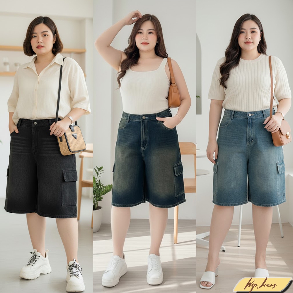 กางเกงยีนส์คาร์โก้ 5 ส่วน ทรงขากระบอกใหญ่เอวสูงสไตล์ Y2K (Cargo Denim Shorts - High Waist Wide Leg 5-Part) CK22